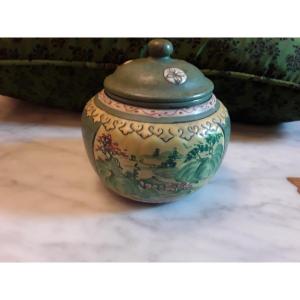 China Enameled Yixing Stoneware Covered Pot 19th Century