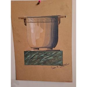 Jean Puiforcat  aquarelle  et gouache projet  original de seau à  champagne