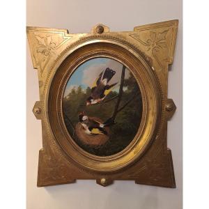 Pair Of Goldfinches At Nest Signed By Michelangelo Meucci Oil On Wood Panel 19th Century
