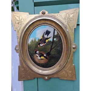 Pair Of Goldfinches At Nest Signed By Michelangelo Meucci Oil On Wood Panel 19th Century