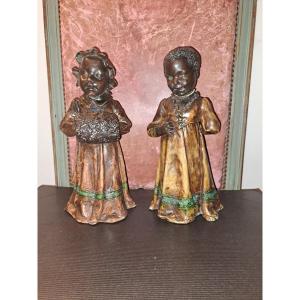 Goldsheider Friedrich 2 Signed, Polychrome Terracotta Figurines Of Girls