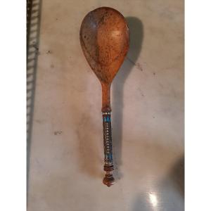 Russian Spoon Made Of Karelian Birch Wood, Silver, Polychrome Enamel, 19th Century