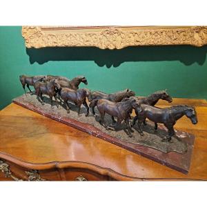Leroy Jean François, *the Herd Of 9 Horses*, Large Bronze Sculpture, 20th Century