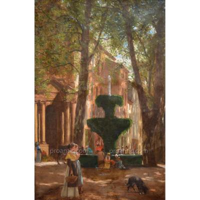 ISNARD Jean-Roch (1845-1890) "Place de la Grande Fontaine à Salon de Provence 1877" Arles Aix 
