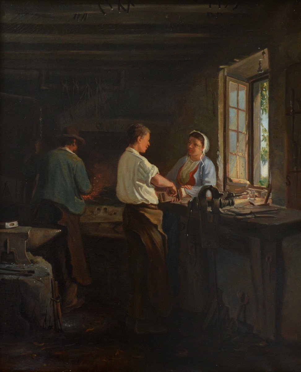 French School Of The End Of The 19th C.: "the Blacksmith's Workshop" Farrier Forge Artisan
