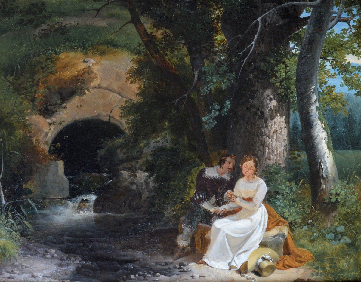 Renoux Charles Caius (1795- 1846) "the Engagement Next To A River" Paris Bouton Lesaint French-photo-3