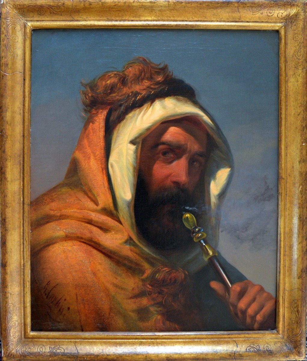 Carlini Giulio (1826- 1887) "the Hookah Smoker" Venice Cheikh Orientalist Algeria Morocco Italy-photo-2