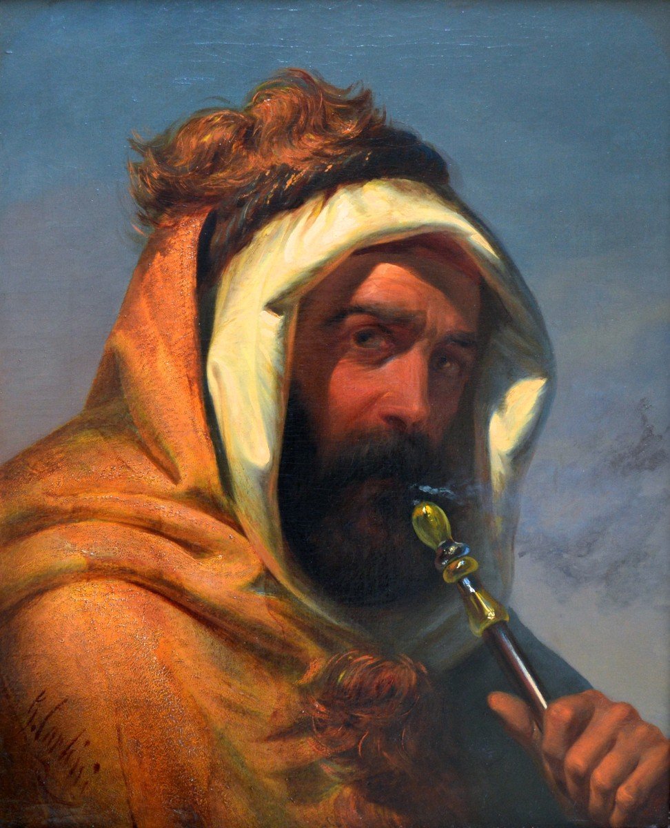 CARLINI Giulio (1826- 1887) « Le Fumeur de Narguilé » Venise Cheikh Orientaliste Algerie Maroc 