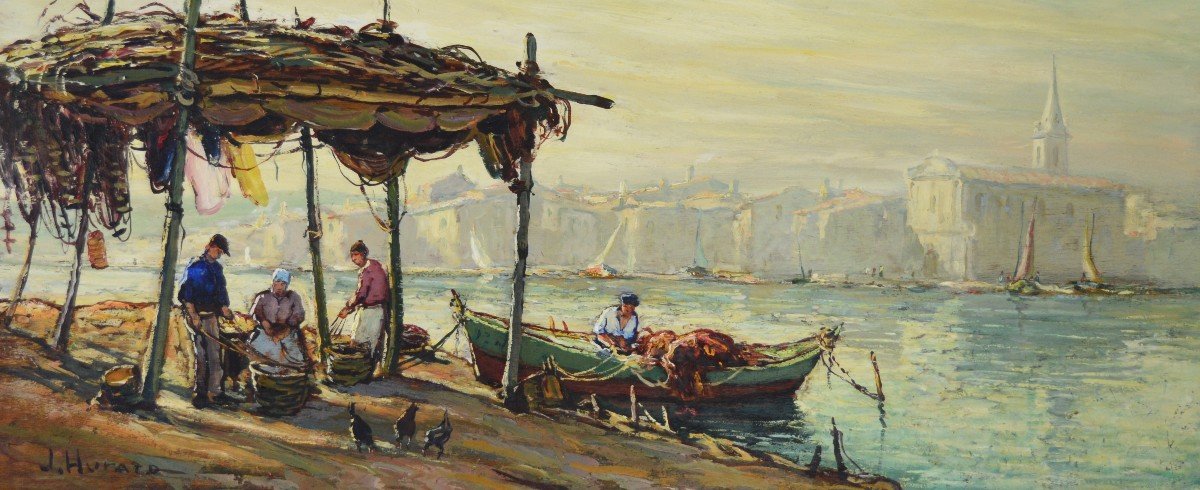 Hurard Joseph (1887-1956) “fishermen Along The Canal, Martigues” Provence Avignon Marseille-photo-2