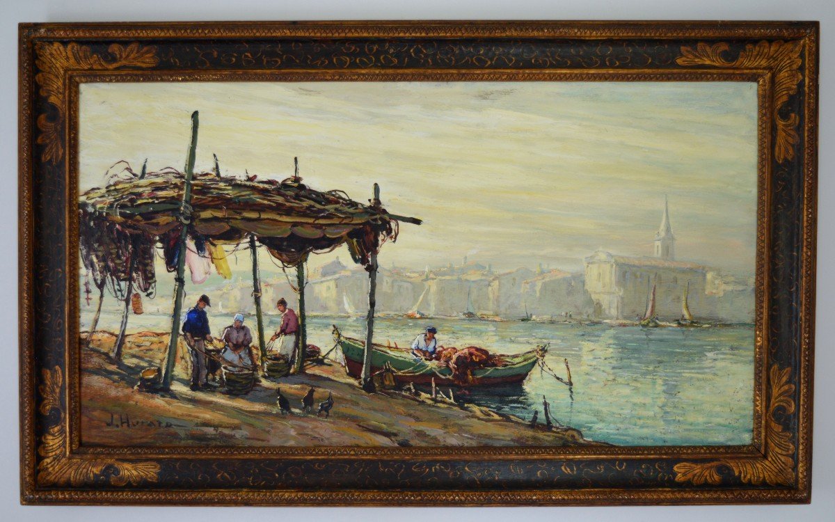 Hurard Joseph (1887-1956) “fishermen Along The Canal, Martigues” Provence Avignon Marseille-photo-3