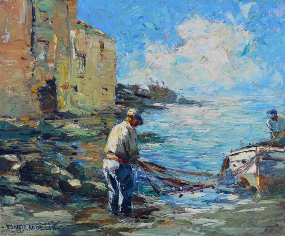 Cardella Tony (1898-1976) “fishermen In The Port Of Erbalunga Corsica” Bastia Brando Provence Sisco