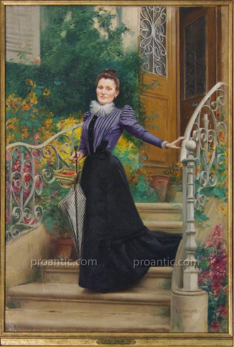 LEMEUNIER Basile (1852-1922) "Parisienne sur le Perron Fleuri", Paris 1900-photo-2
