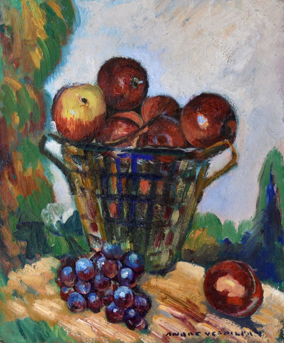 VERDILHAN André (1881-1963) "Panier de pommes et à la grappe raisin" Marseille Provence Fruits