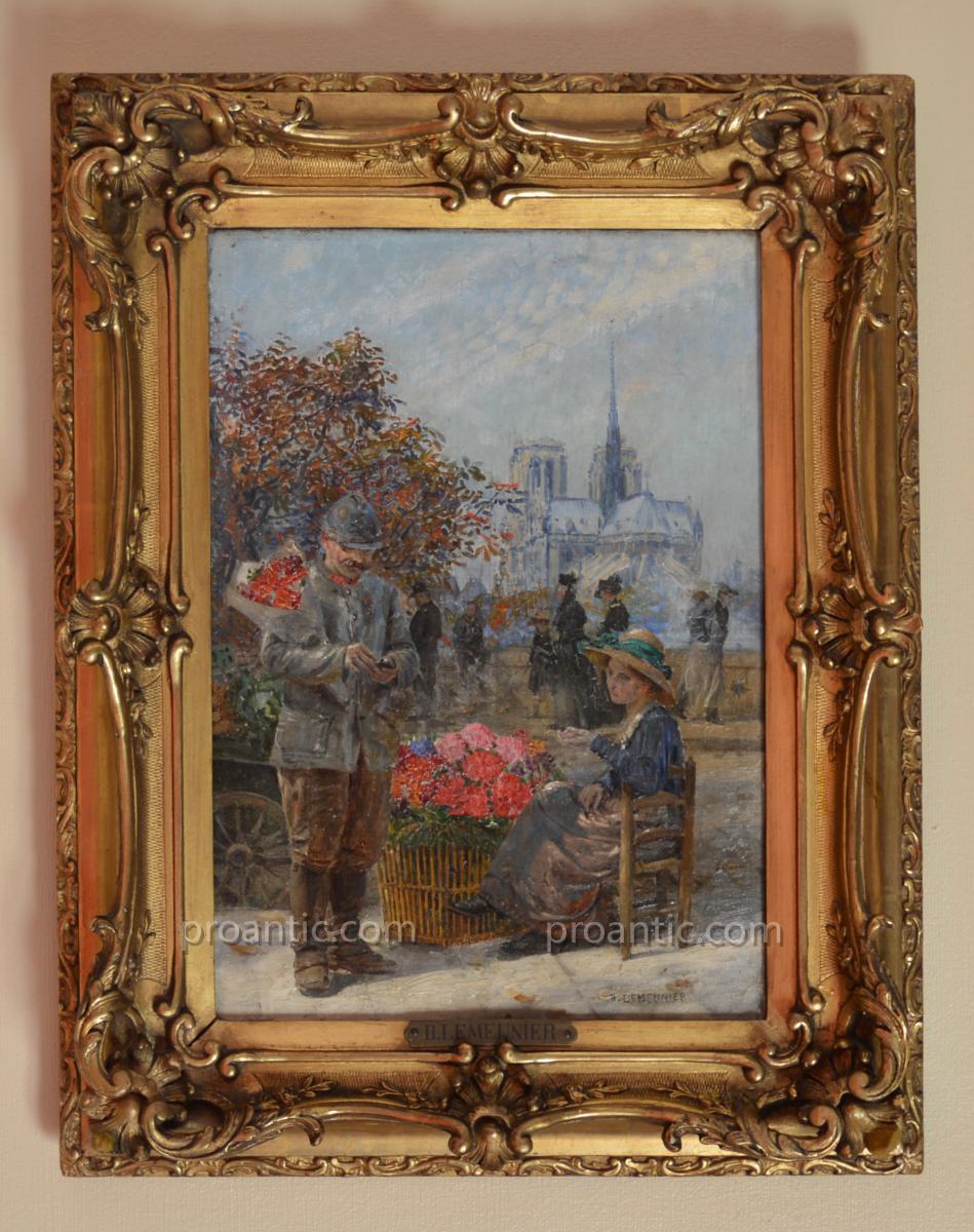 LEMEUNIER Basile (1852-1922) " La marchande de fleurs sur le pont de l'Archevêché à Paris "
