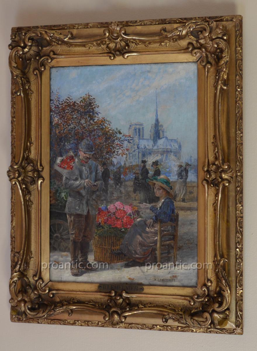 LEMEUNIER Basile (1852-1922) " La marchande de fleurs sur le pont de l'Archevêché à Paris "-photo-2