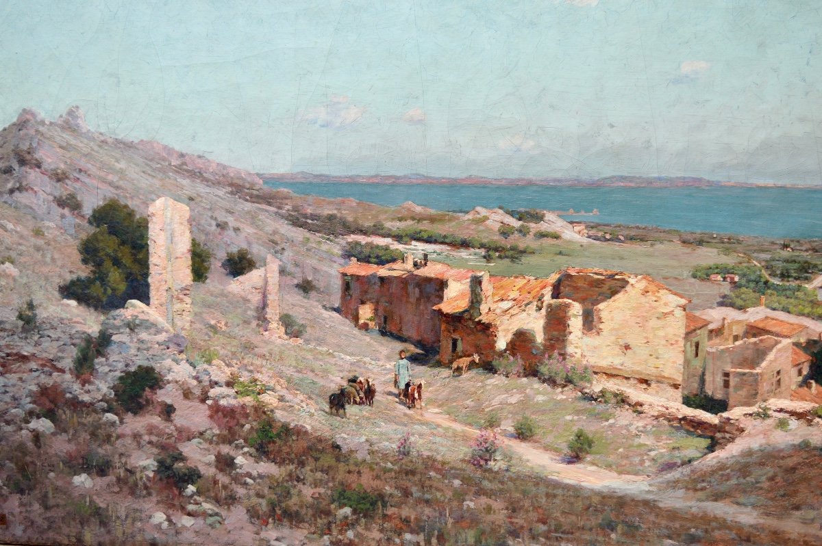 BARBERIIS Eugène de (1851-1937)  « Vue de Miramas-le-Vieux » Marseille Istres Provence Sanary-photo-2