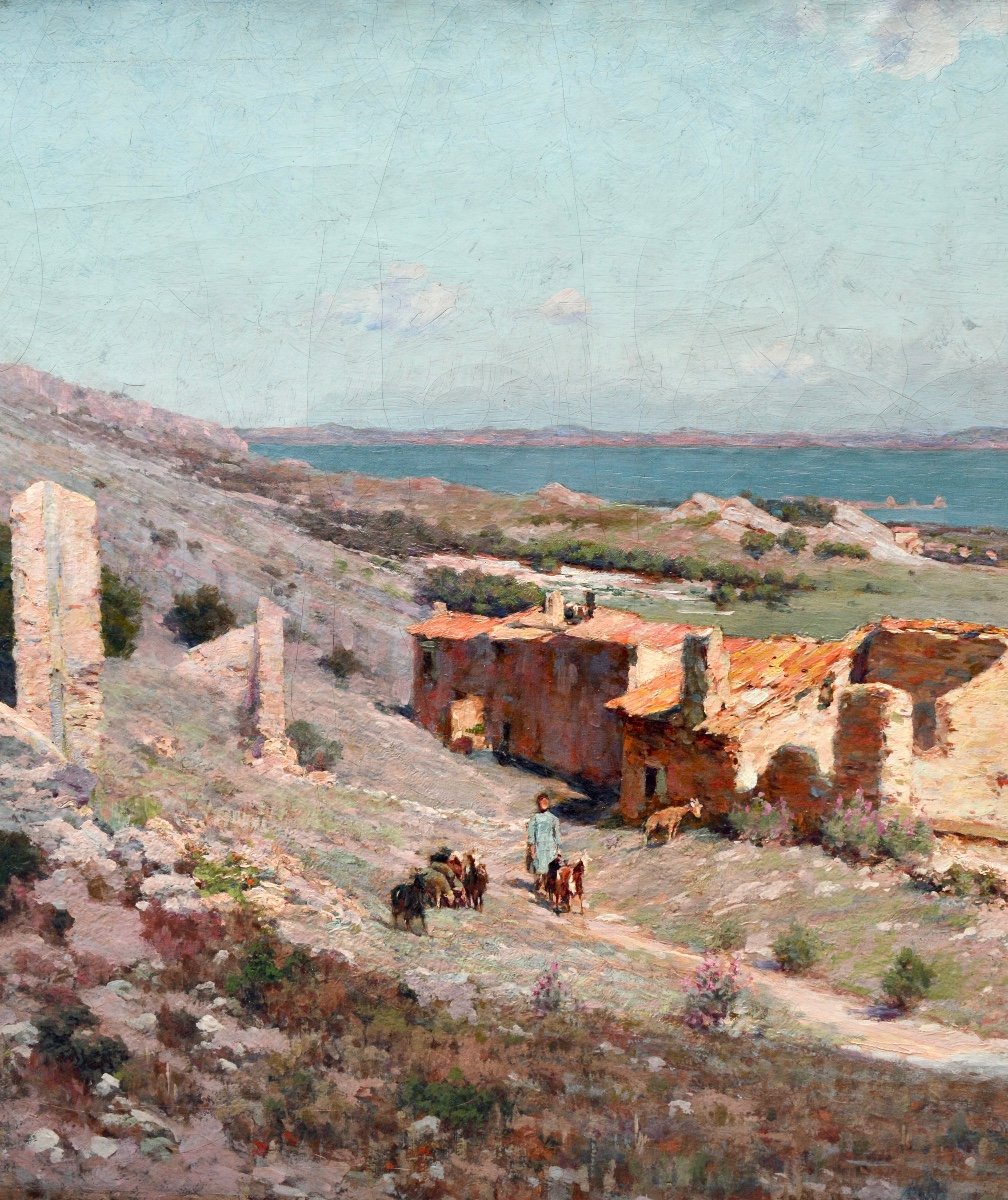 BARBERIIS Eugène de (1851-1937)  « Vue de Miramas-le-Vieux » Marseille Istres Provence Sanary-photo-3
