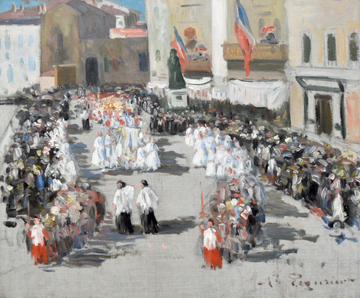 PEGURIER Auguste (1856-1936)«Procession sur le port Saint-Tropez » Var Bravade Ramatuelle Paris
