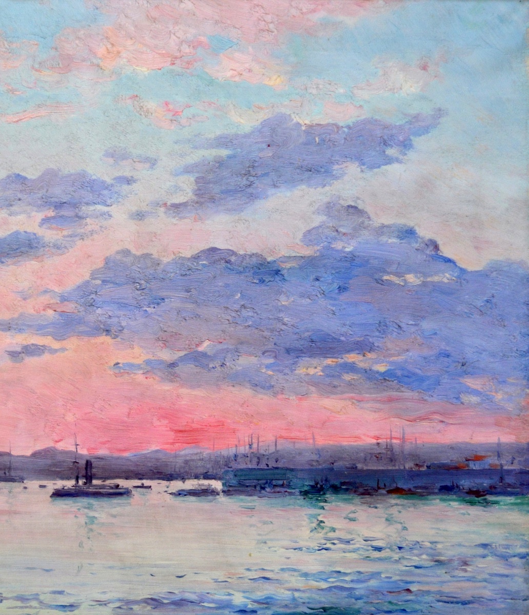 Nardi François (1861-1936) "sunset In The Harbor Of Toulon" Provence Var Military Var-photo-3