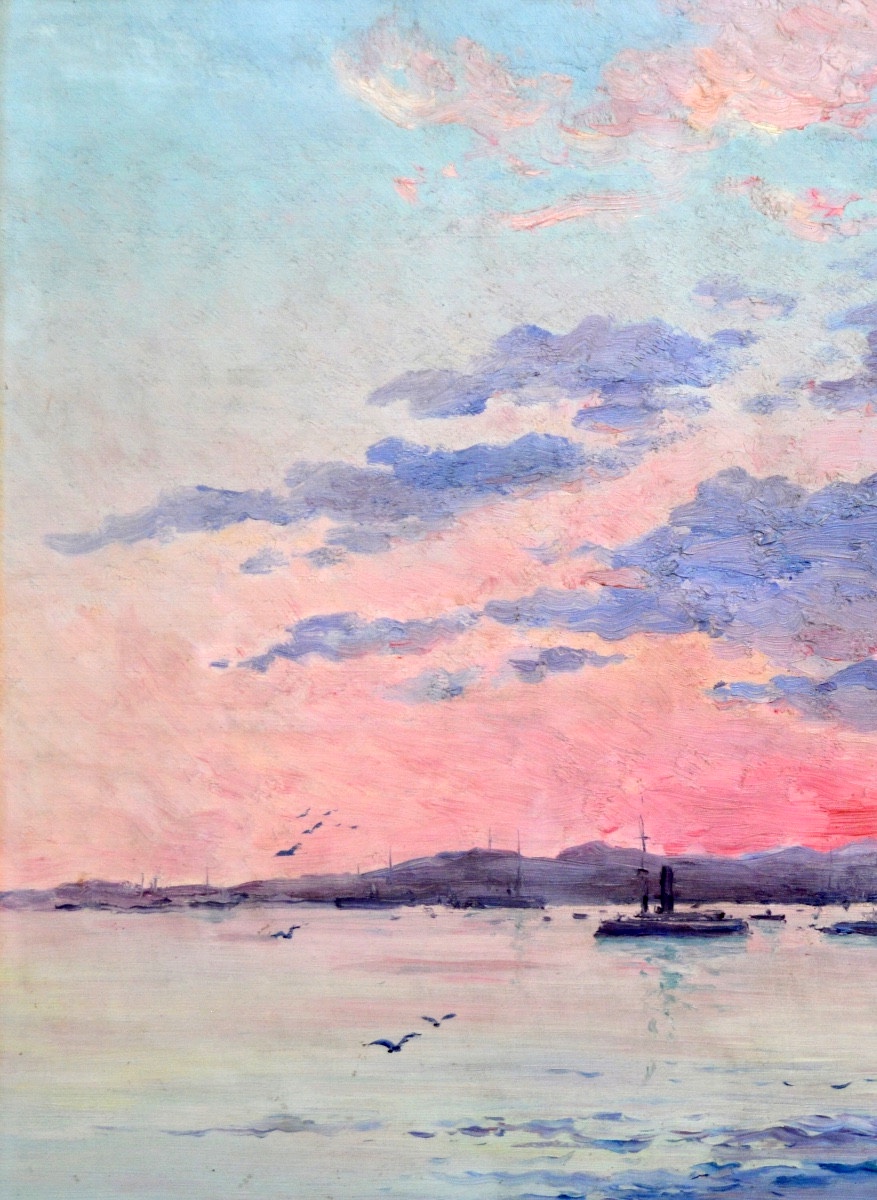 Nardi François (1861-1936) "sunset In The Harbor Of Toulon" Provence Var Military Var-photo-4