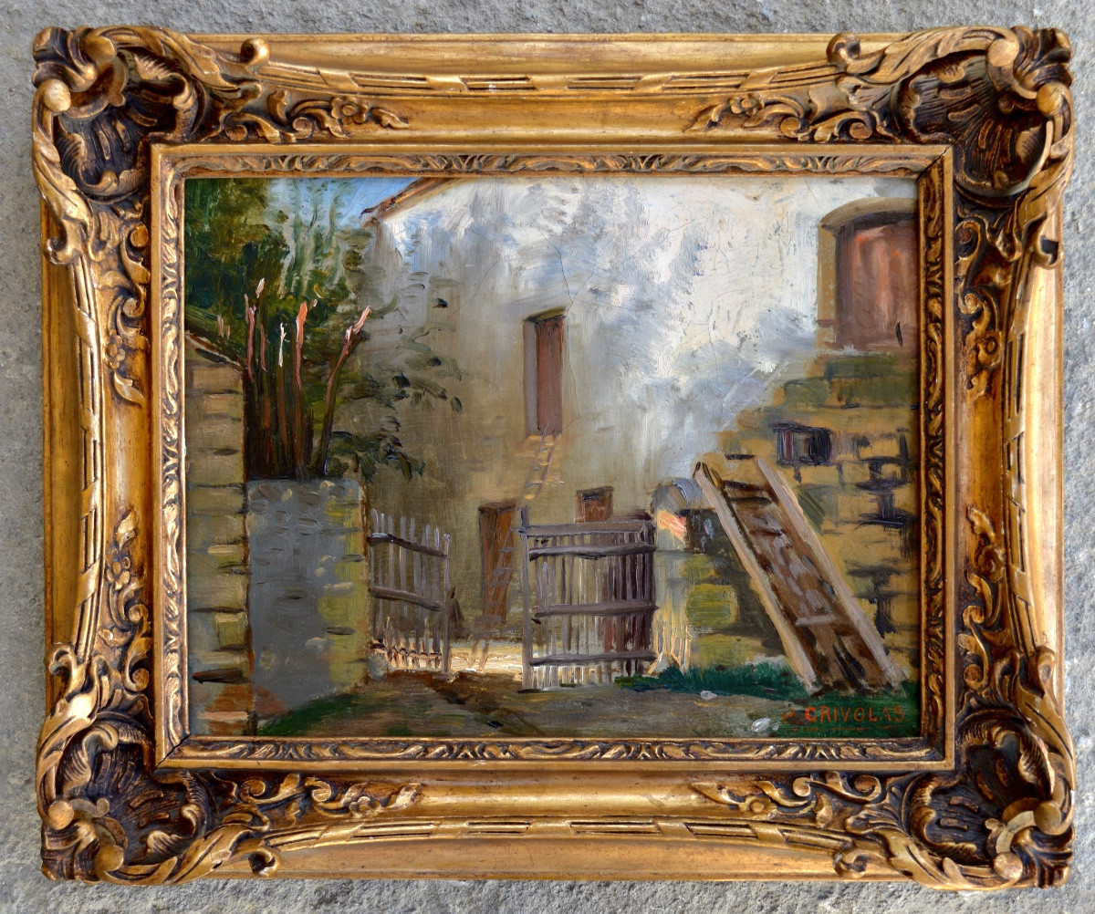 GRIVOLAS Pierre (1823-1906) « La cour du Mas en Provence » Avignon Alpilles Ferme Gard Campagne-photo-1