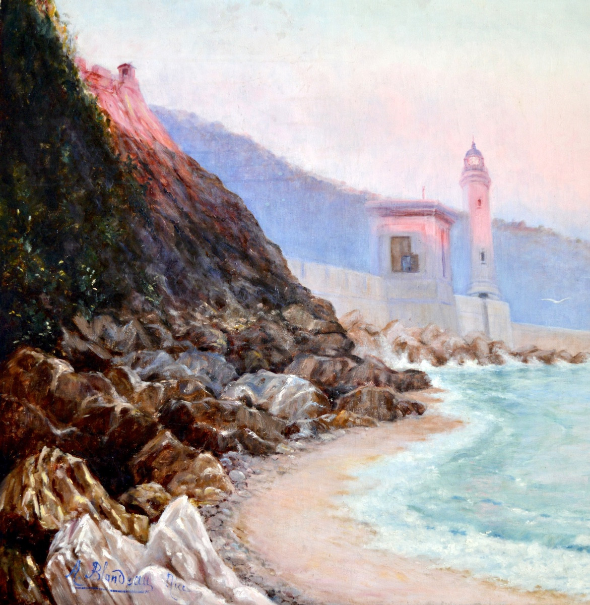 BLONDEAU Alfred-Justin (1850-?) "L'entrée du port de Nice au soleil couchant " Provence Var Mer-photo-2