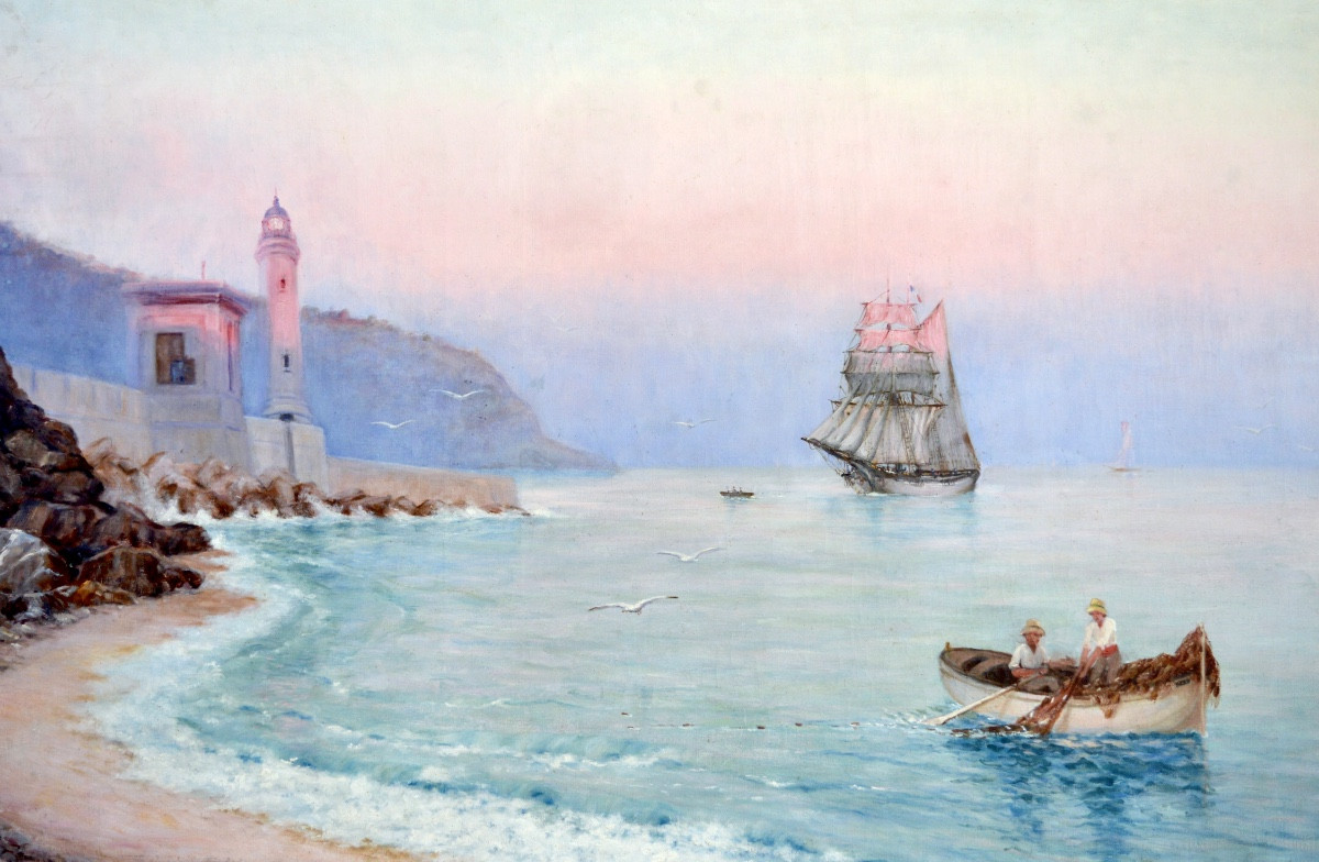 BLONDEAU Alfred-Justin (1850-?) "L'entrée du port de Nice au soleil couchant " Provence Var Mer-photo-4