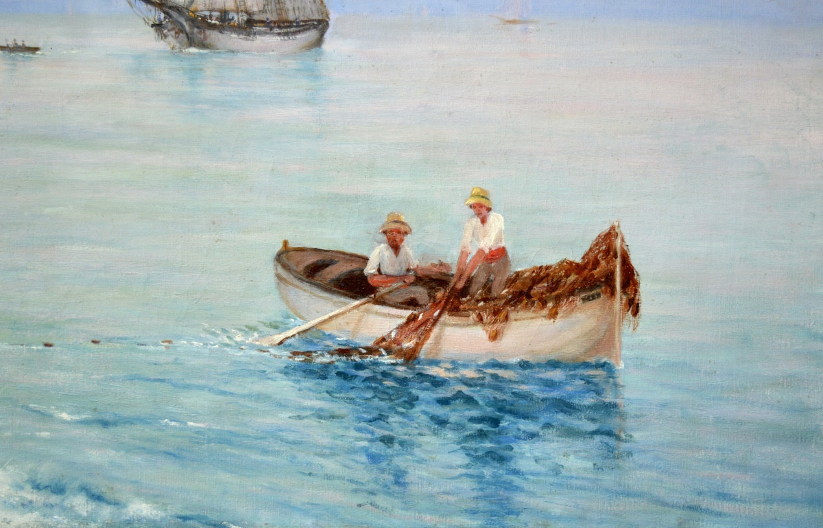 BLONDEAU Alfred-Justin (1850-?) "L'entrée du port de Nice au soleil couchant " Provence Var Mer-photo-1