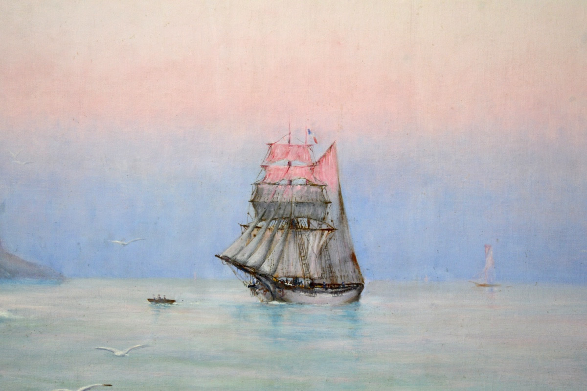 BLONDEAU Alfred-Justin (1850-?) "L'entrée du port de Nice au soleil couchant " Provence Var Mer-photo-2