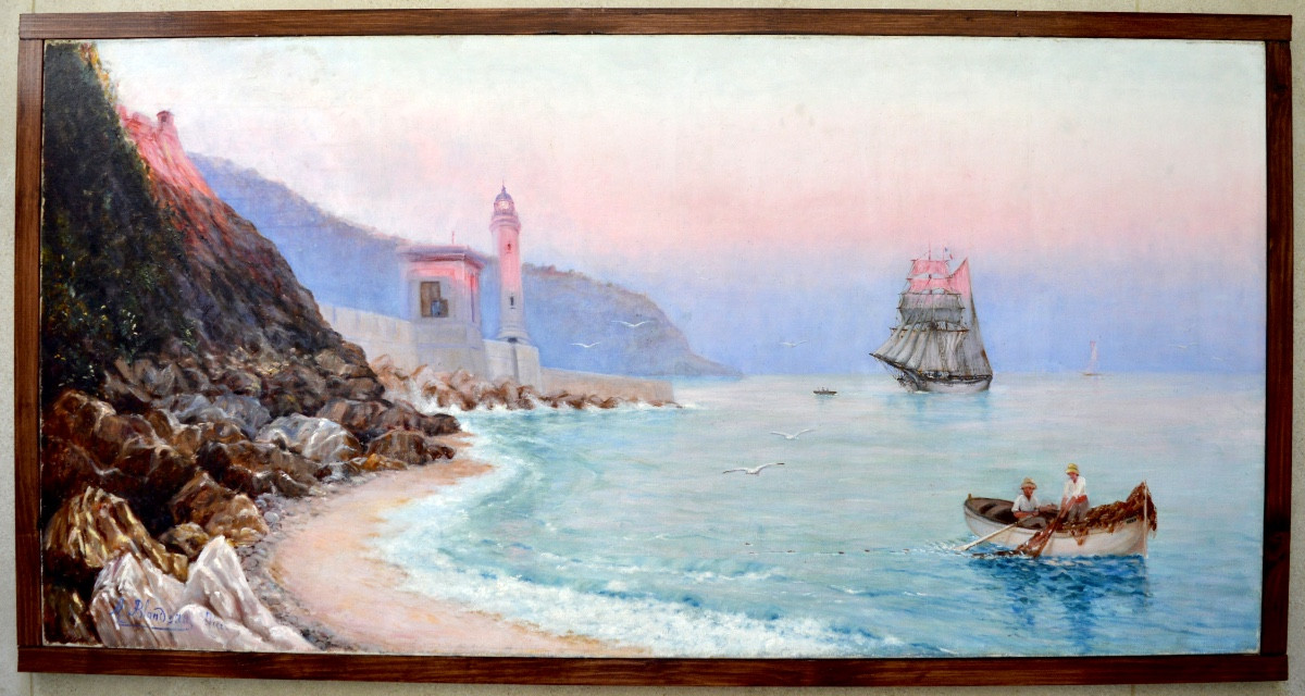 BLONDEAU Alfred-Justin (1850-?) "L'entrée du port de Nice au soleil couchant " Provence Var Mer-photo-4