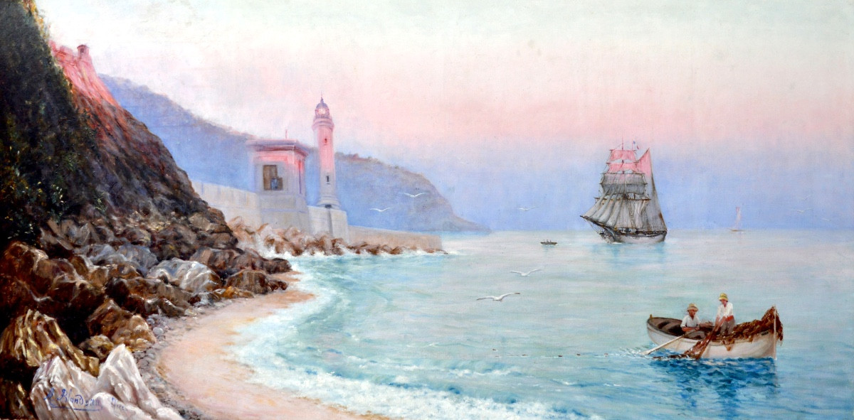 BLONDEAU Alfred-Justin (1850-?) "L'entrée du port de Nice au soleil couchant " Provence Var Mer