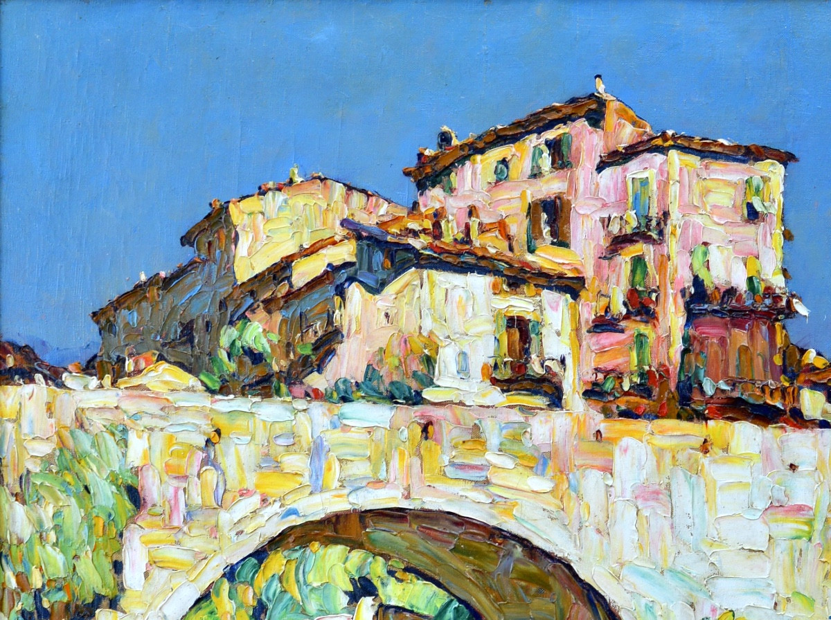 PASTOUR Louis (1876-1948) «Lavandières sous le pont de Sospel » Provence Nice Menton Bevera -photo-2