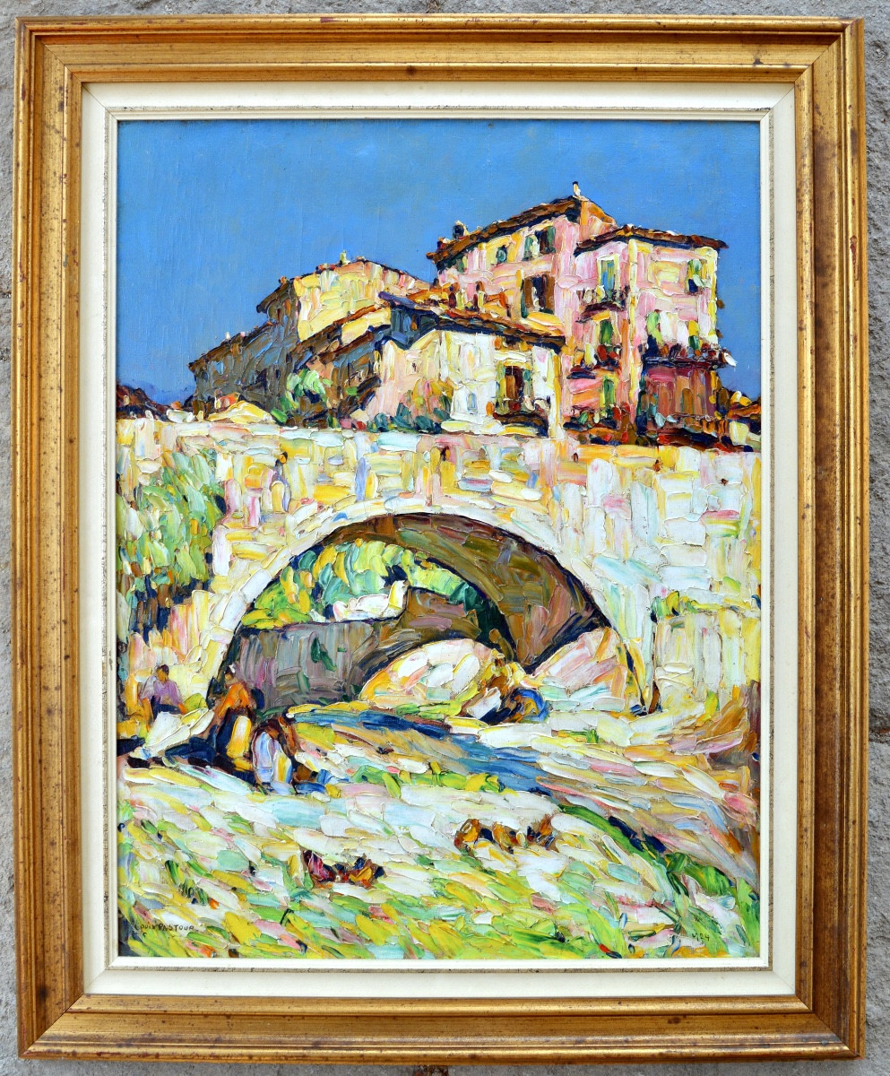 PASTOUR Louis (1876-1948) «Lavandières sous le pont de Sospel » Provence Nice Menton Bevera -photo-2