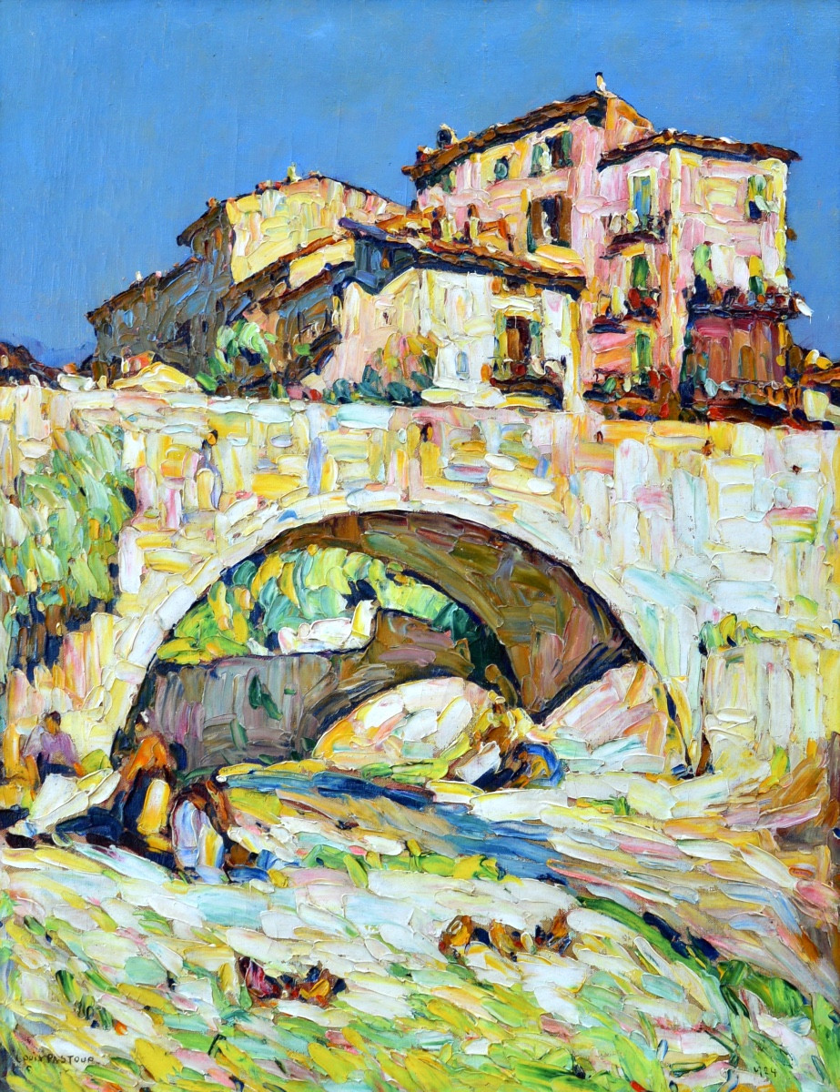 PASTOUR Louis (1876-1948) «Lavandières sous le pont de Sospel » Provence Nice Menton Bevera 