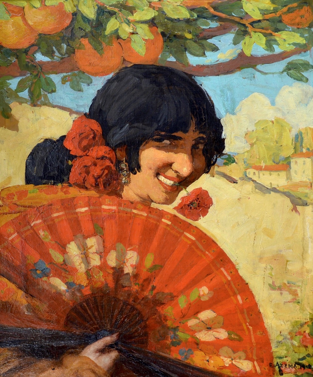 Azema Ernest (1871-1917) “andalusian Woman With Fan And Flower” Agde Montpellier Spain Paris