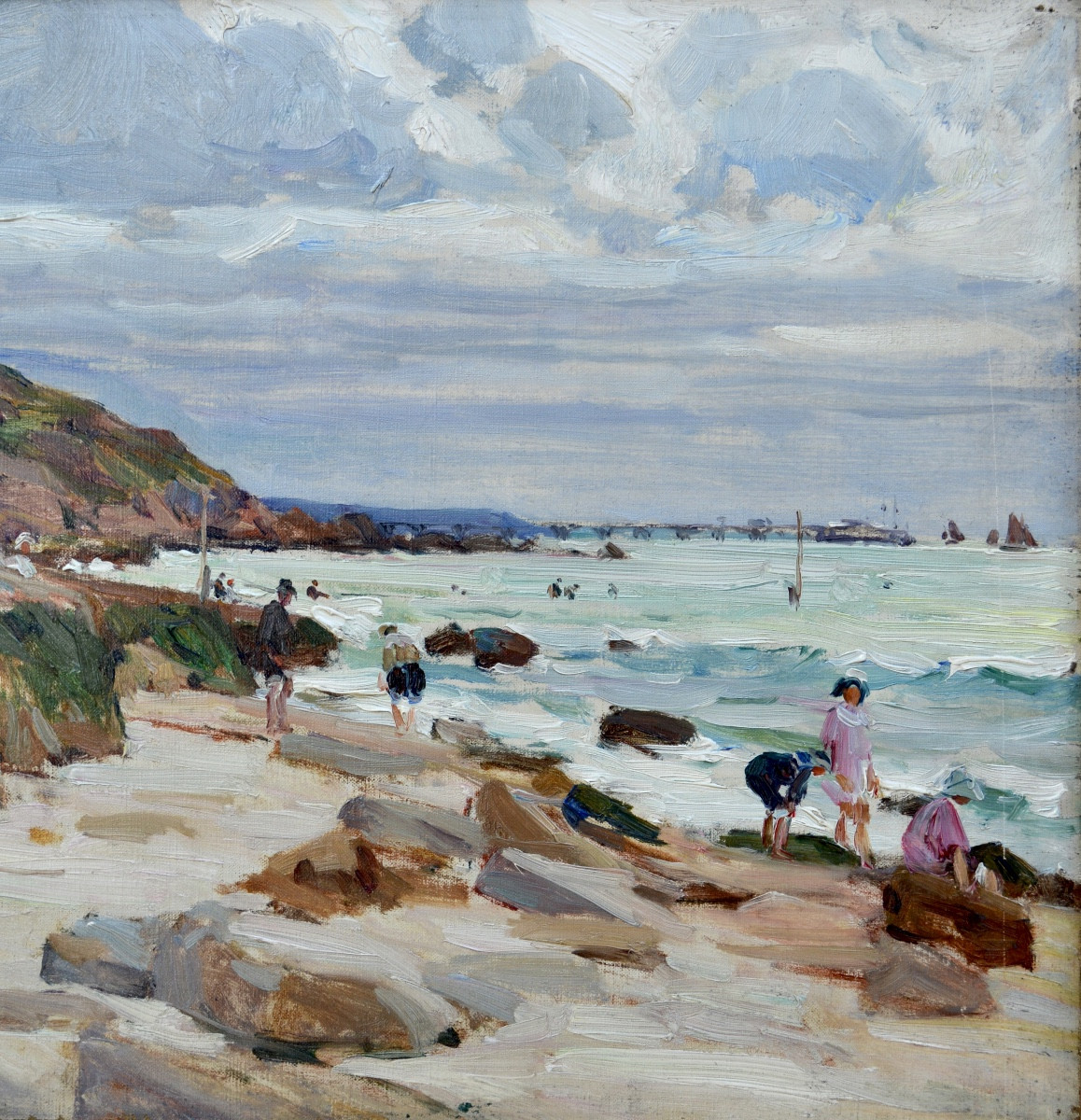 MONTAGNE Louis (1879-1960) «Plage animée en Normandie» Tréport Bretagne Paris Avignon Trouville-photo-2