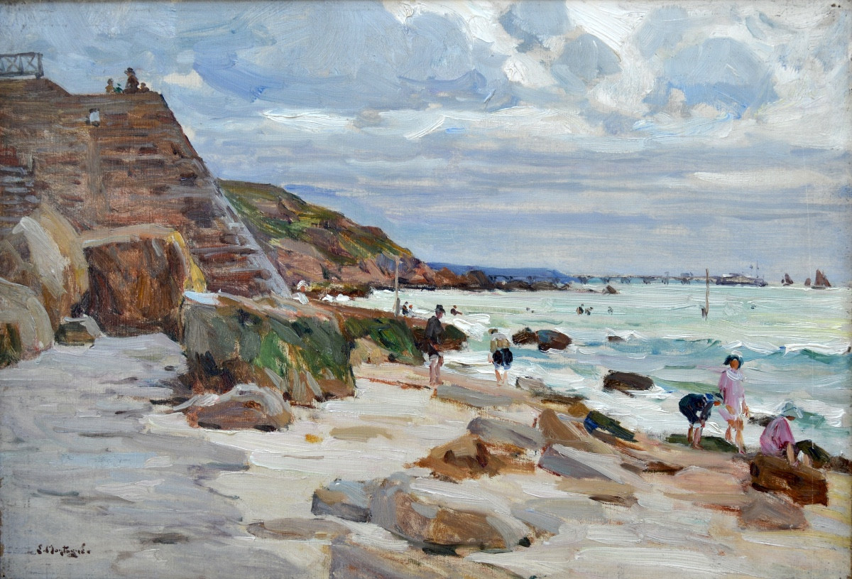 MONTAGNE Louis (1879-1960) «Plage animée en Normandie» Tréport Bretagne Paris Avignon Trouville