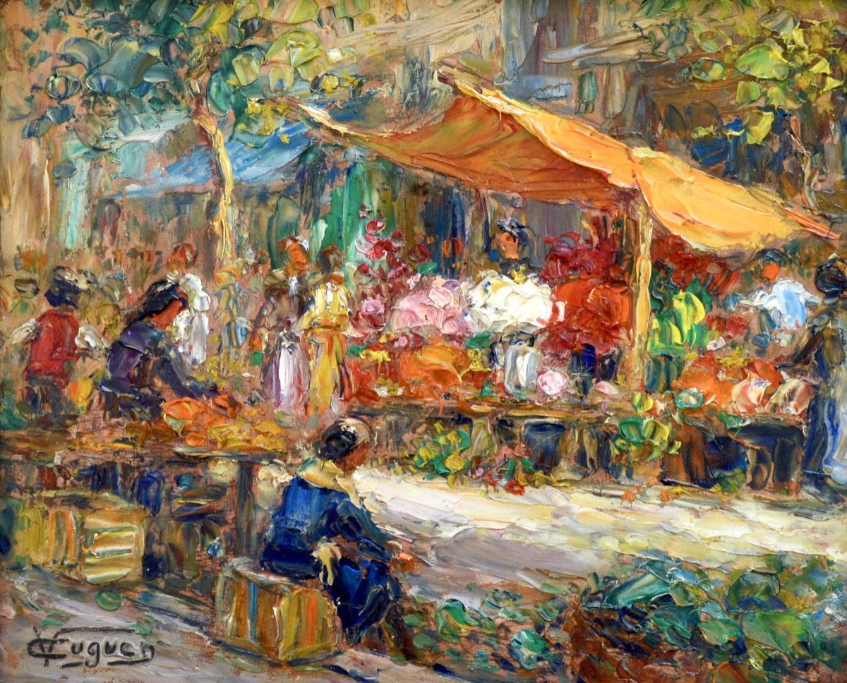 Victor Cuguen (1882-1969) "flower Market In Toulon" Provence Pontorson Paris France