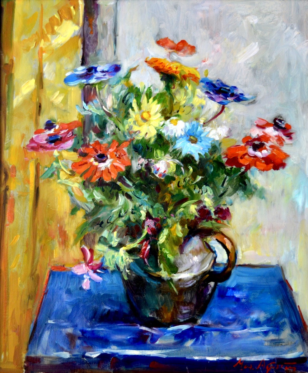 AGOSTINI Max (1914-1997) " Bouquet de fleurs " Paris Allauch Aix Jardin Corse Anémones