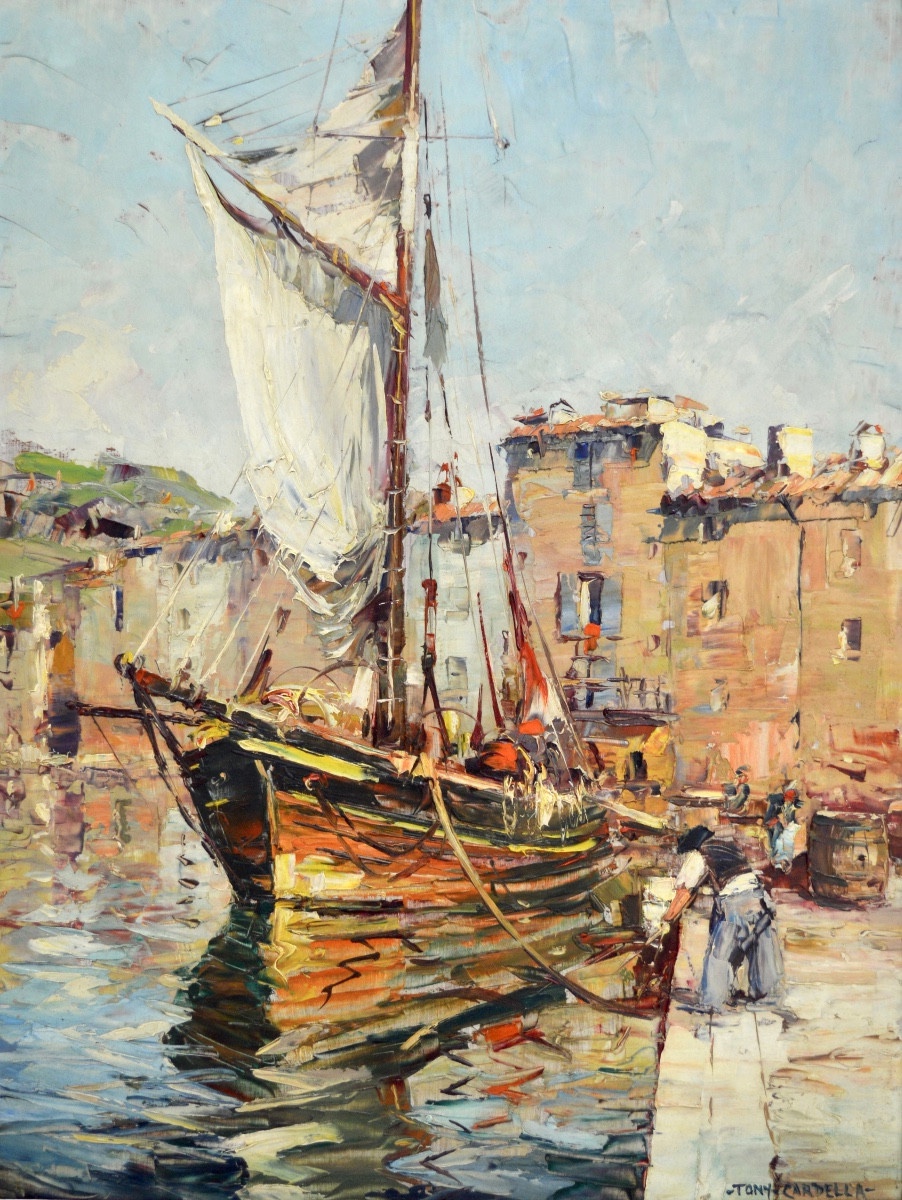 CARDELLA Tony (1898-1976) "Coin du port à Saint-Tropez " Var Provence Ramatuelle Ponche Pecheur