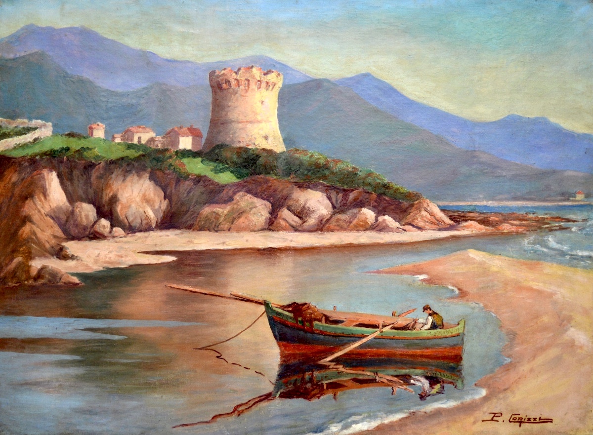 CORIZZI Paul (1883-1953) "Pêcheur au pied de la Tour de Capitello en Corse" Ajaccio Porticcio 