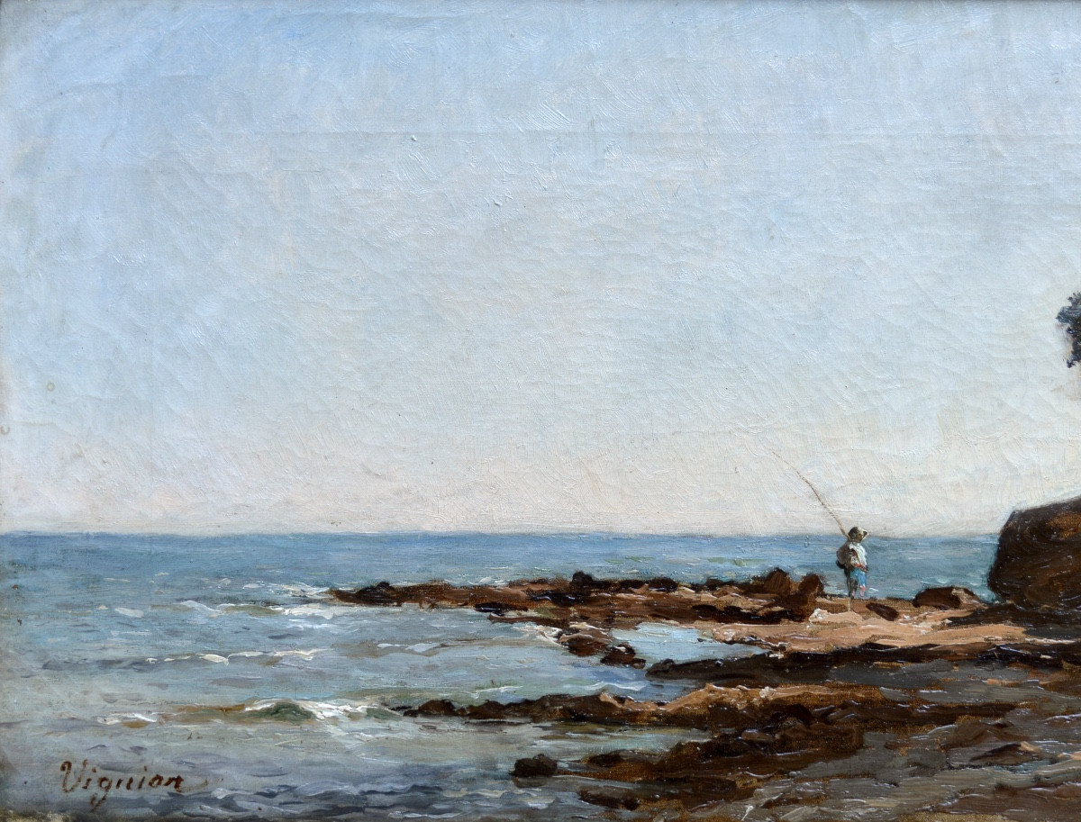 Viguier Fortuné (1841-1916) "fisherman On The Rocks At Carqueiranne" Provence French Marseille -photo-2