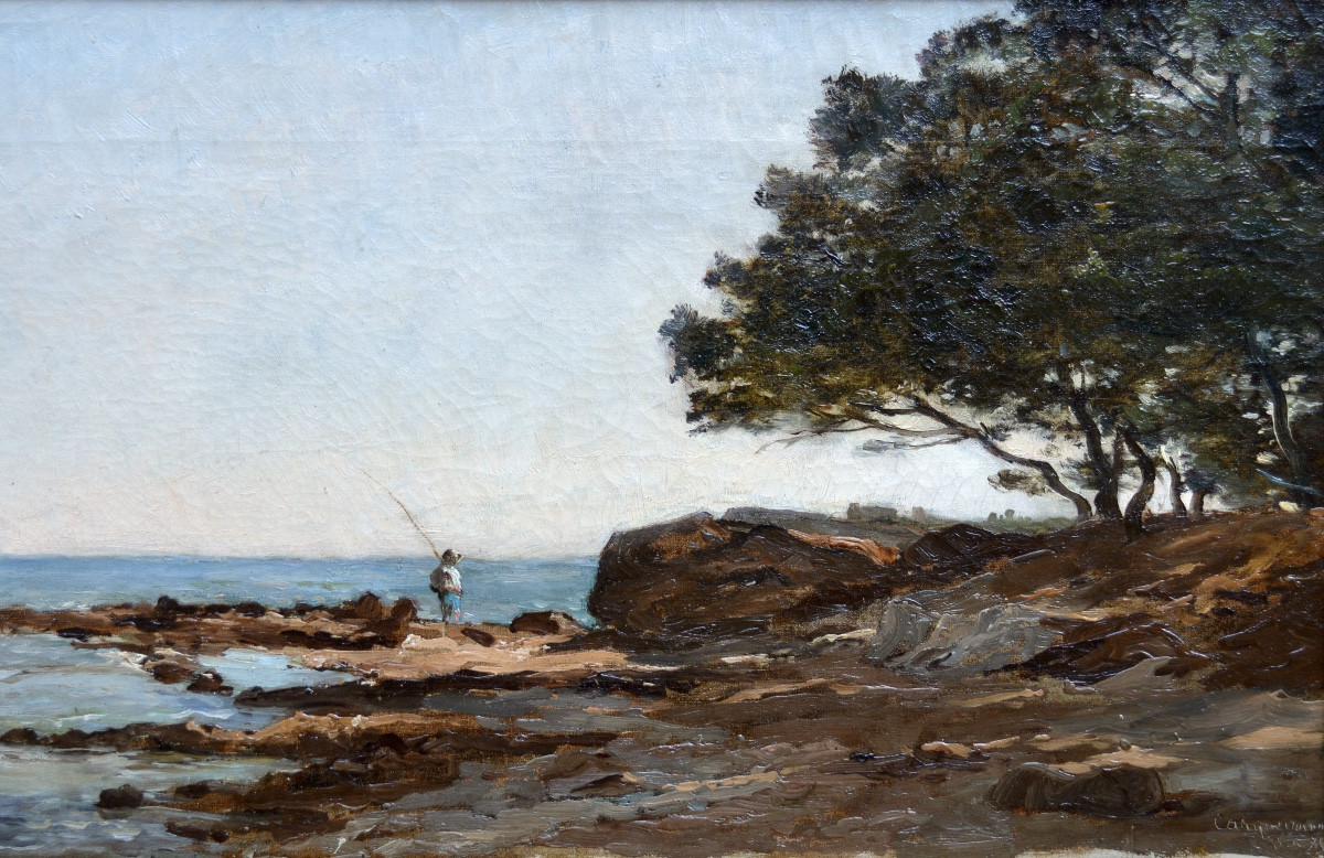 Viguier Fortuné (1841-1916) "fisherman On The Rocks At Carqueiranne" Provence French Marseille -photo-3