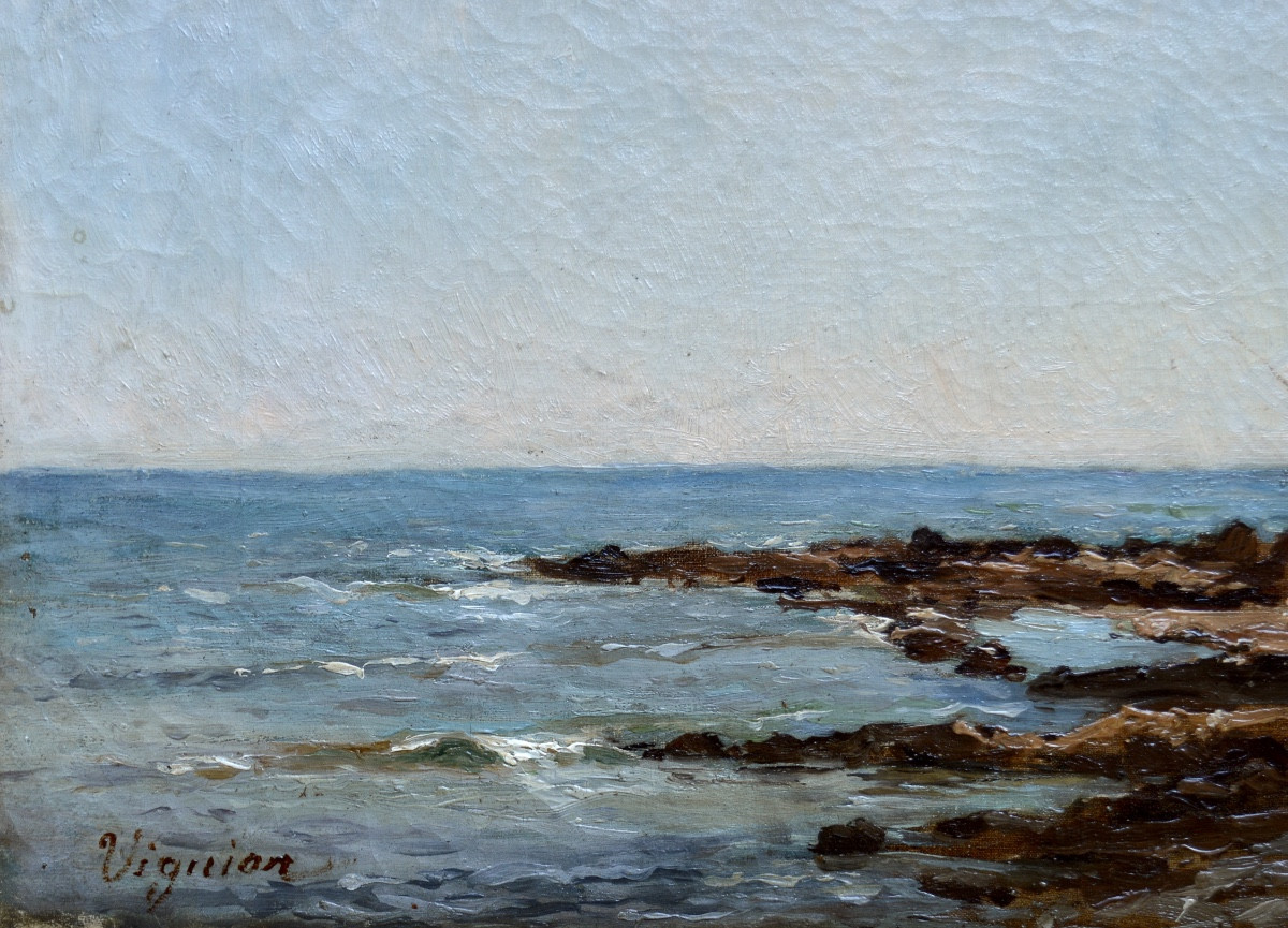 Viguier Fortuné (1841-1916) "fisherman On The Rocks At Carqueiranne" Provence French Marseille -photo-1