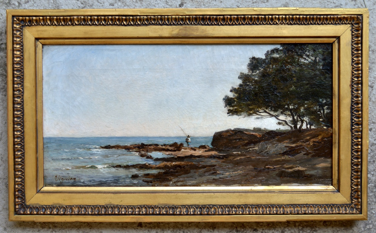 Viguier Fortuné (1841-1916) "fisherman On The Rocks At Carqueiranne" Provence French Marseille -photo-2