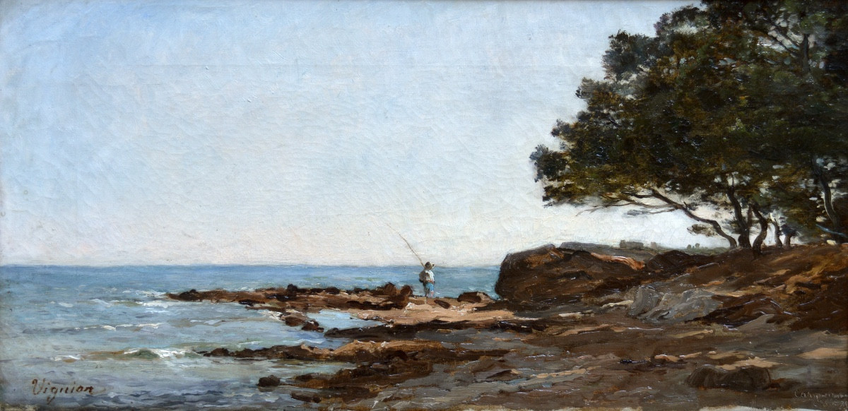 Viguier Fortuné (1841-1916) "fisherman On The Rocks At Carqueiranne" Provence French Marseille 
