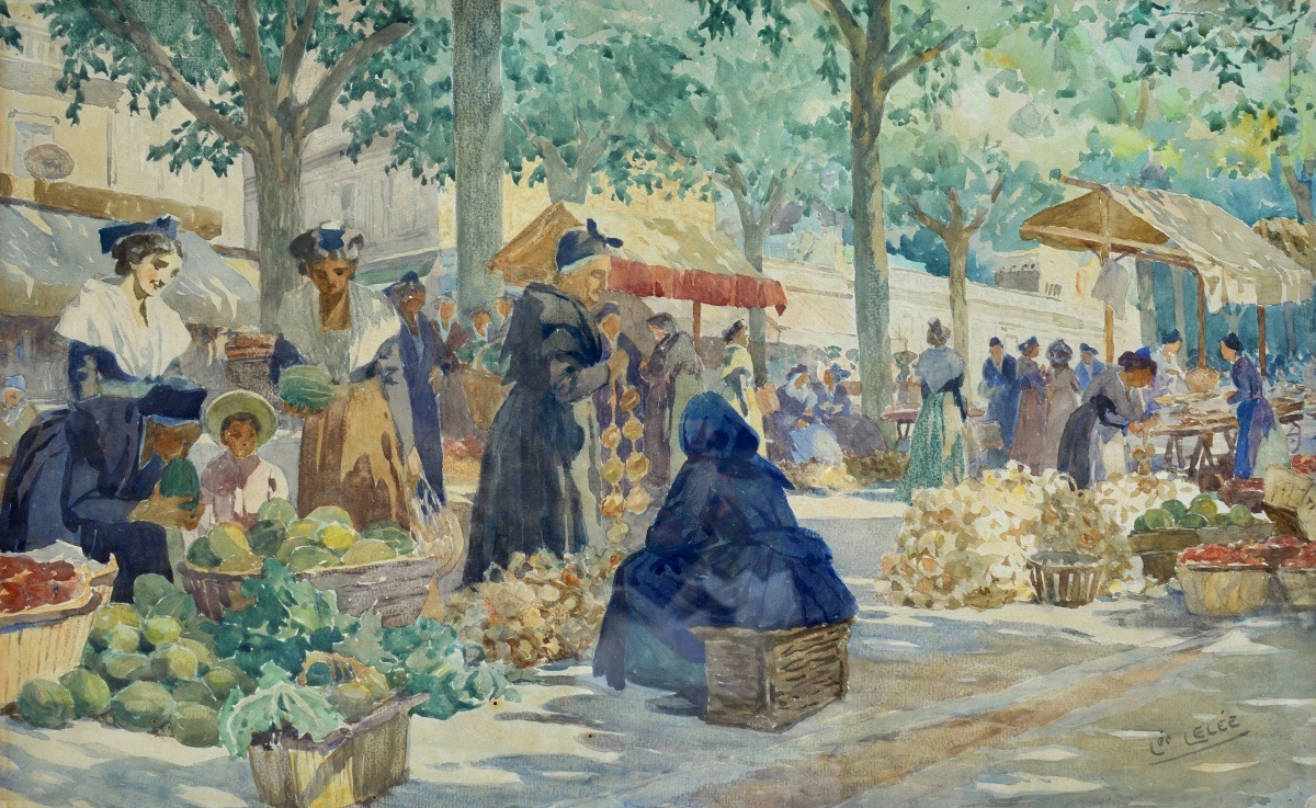 LELÉE Léo (1872-1947) "Le jour du marché à Arles" Provence Alpilles  Alyscamps Paris Soleilado