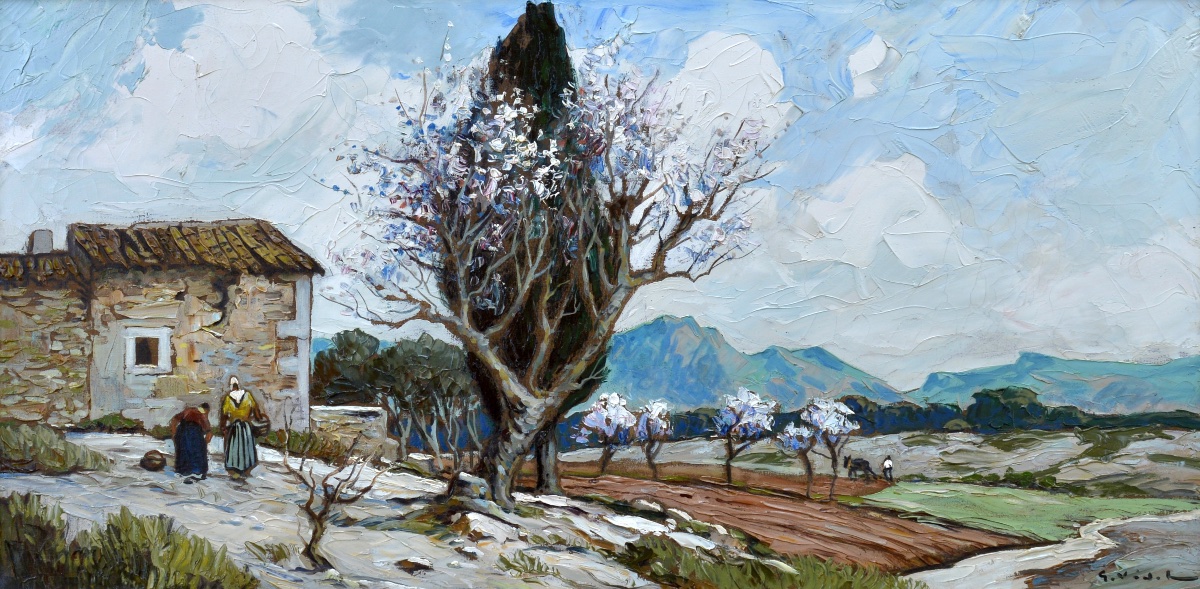 VIDAL Gustave (1895-1966) "Amandiers en fleurs dans les Alpilles " Provence Avignon Fontvieille