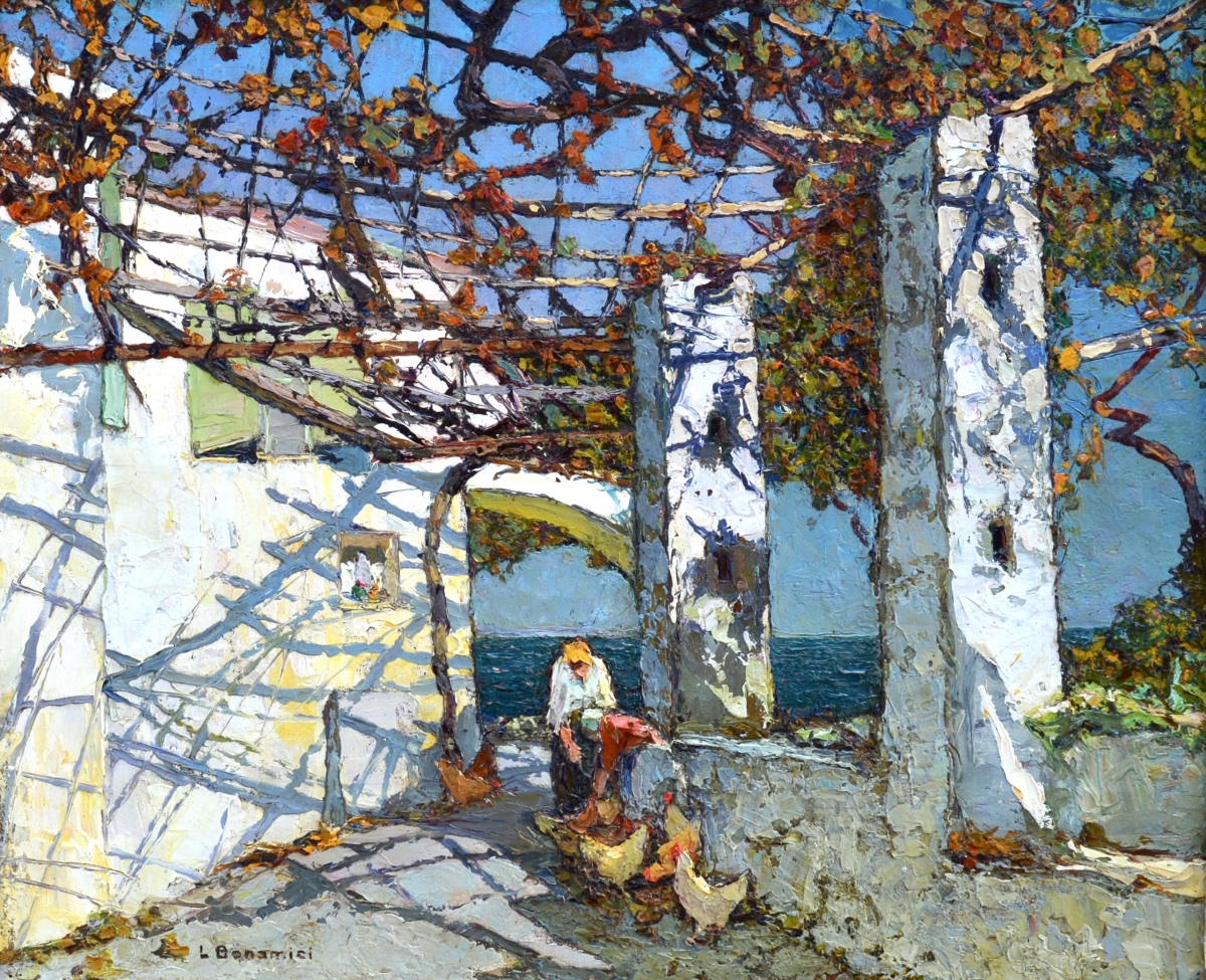 BONAMICI Louis (1878-1966) " Terrasse sur les bords de la Méditerranée " Provence Marseille 
