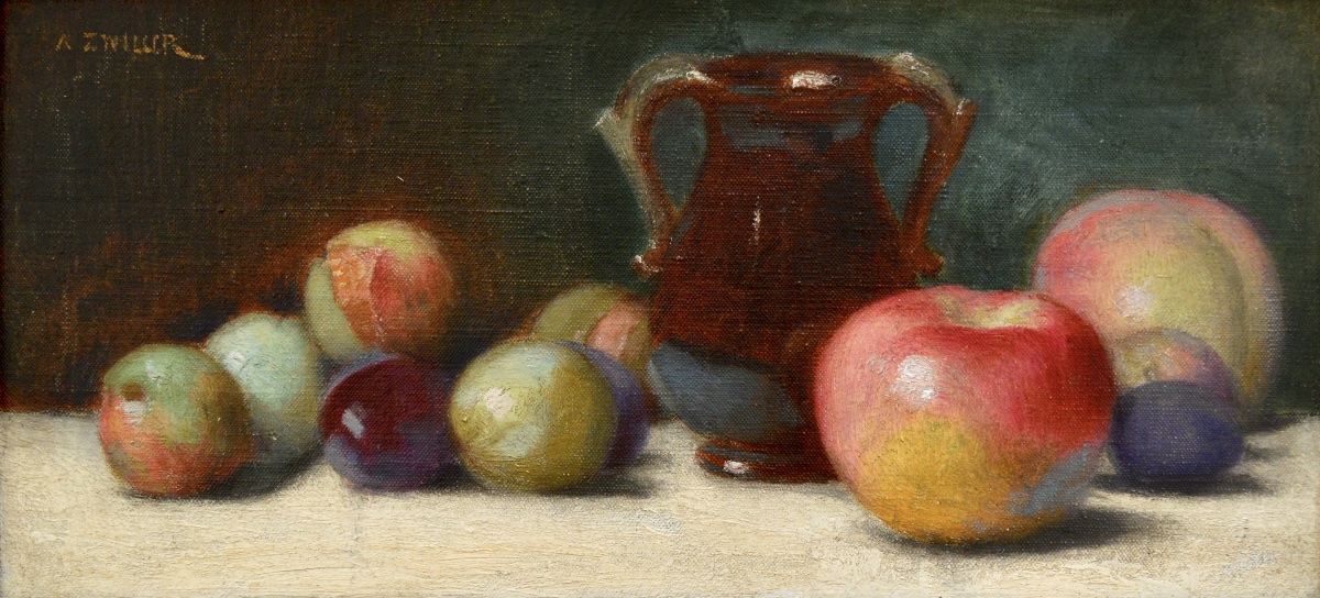ZWILLER Augustin (1850-1939)  « Nature morte aux prunes, pommes et au pichet »  Alsace Henner 